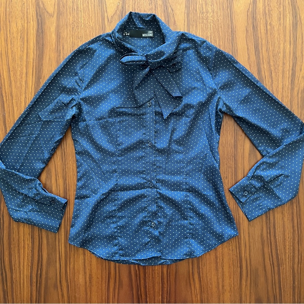 Love Moschino Shirt neckbow blouse navy blue polka dot size 6